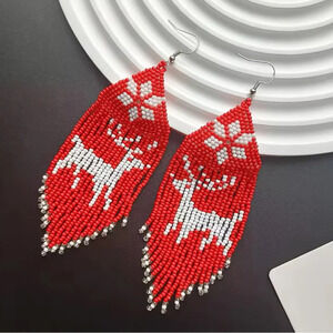 Reindeer Red Bohemian Tassel Beaded Earrings